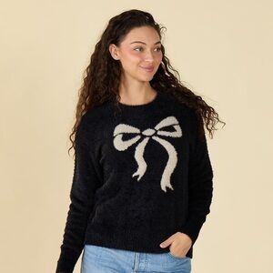 BLACK EYELASH SWEATER WITH WHITE BOW AND LUREX